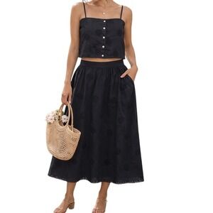 Joie Womens 2 Piece Set XL Black Eyelet Linen Cotton Crop Top Midi Skirt Pockets